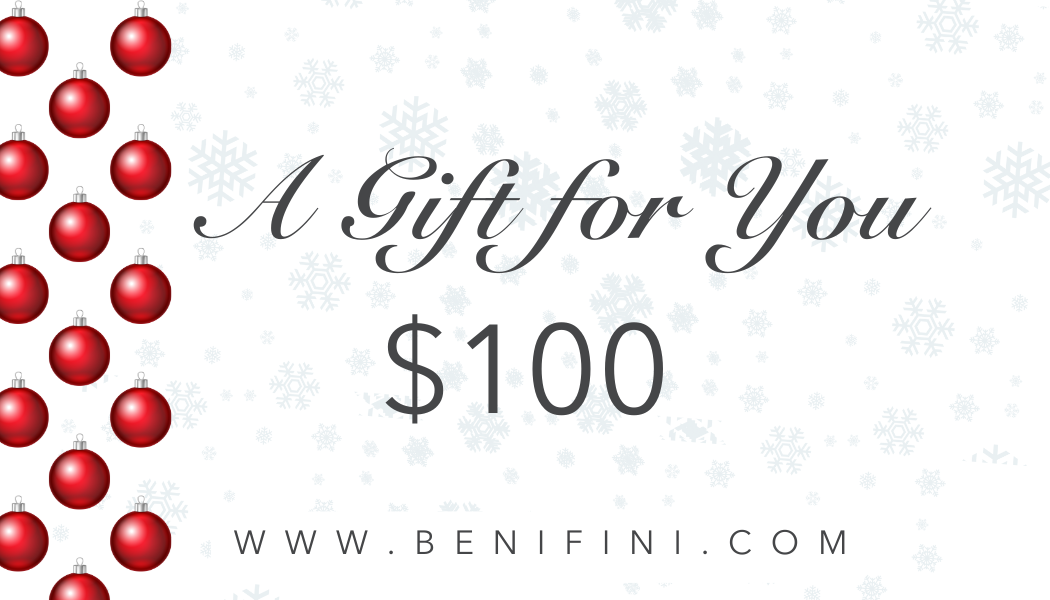 Gift certificate for $100 with red ornaments on a white background