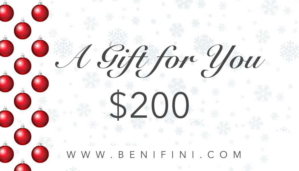 Gift certificate for $200 with red ornaments on a white background