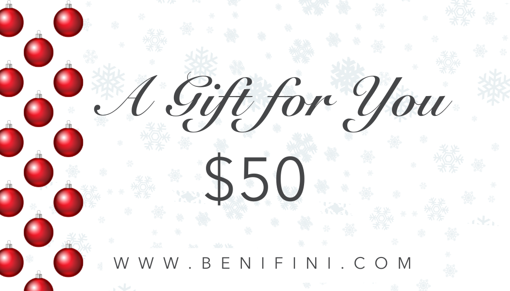Gift certificate for $50 with red ornaments on a white background
